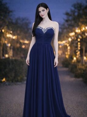 B Darlin Strapless Navy Blue Gown Size 3/4 | Bejeweled Ruched Formal Prom Dress